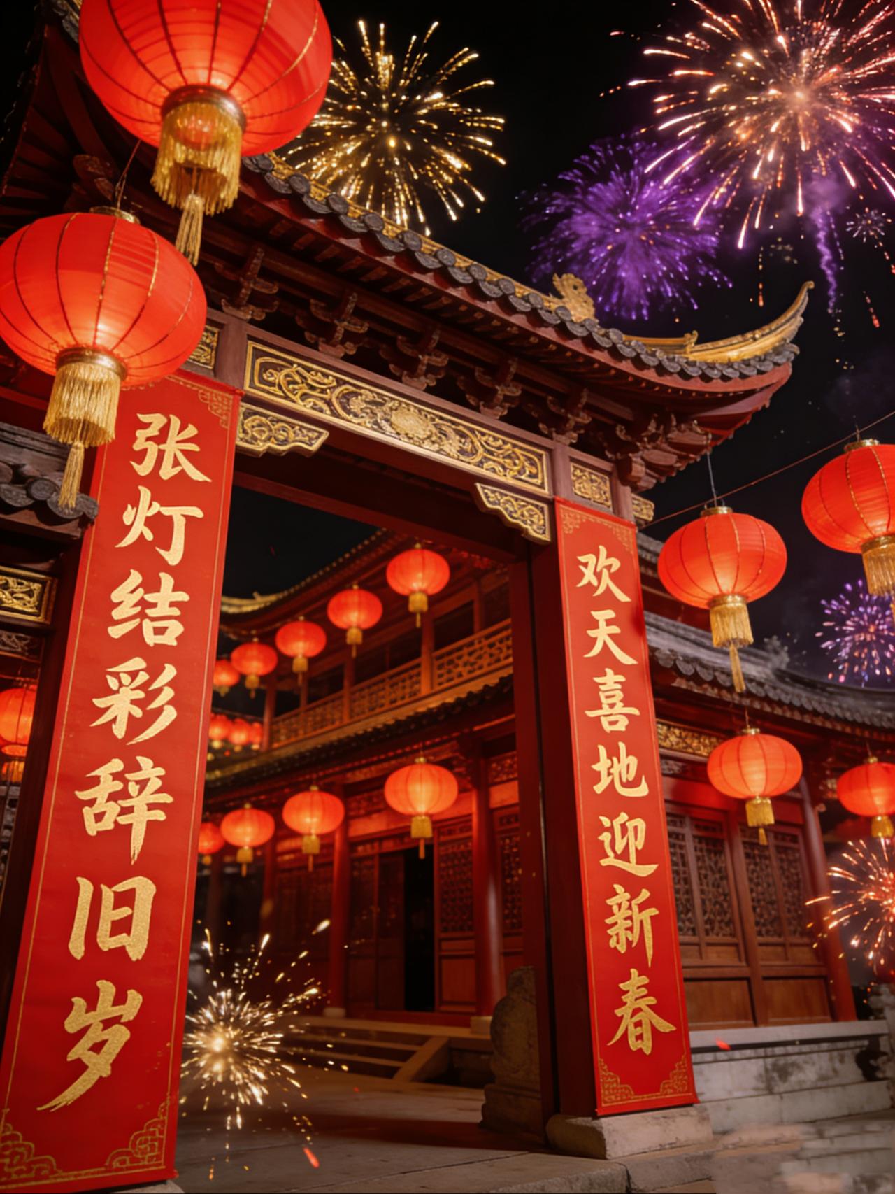 通过“张灯结彩”的视觉意象、“欢天喜地”的情绪表达，既描绘了人们用彩灯、装饰装点