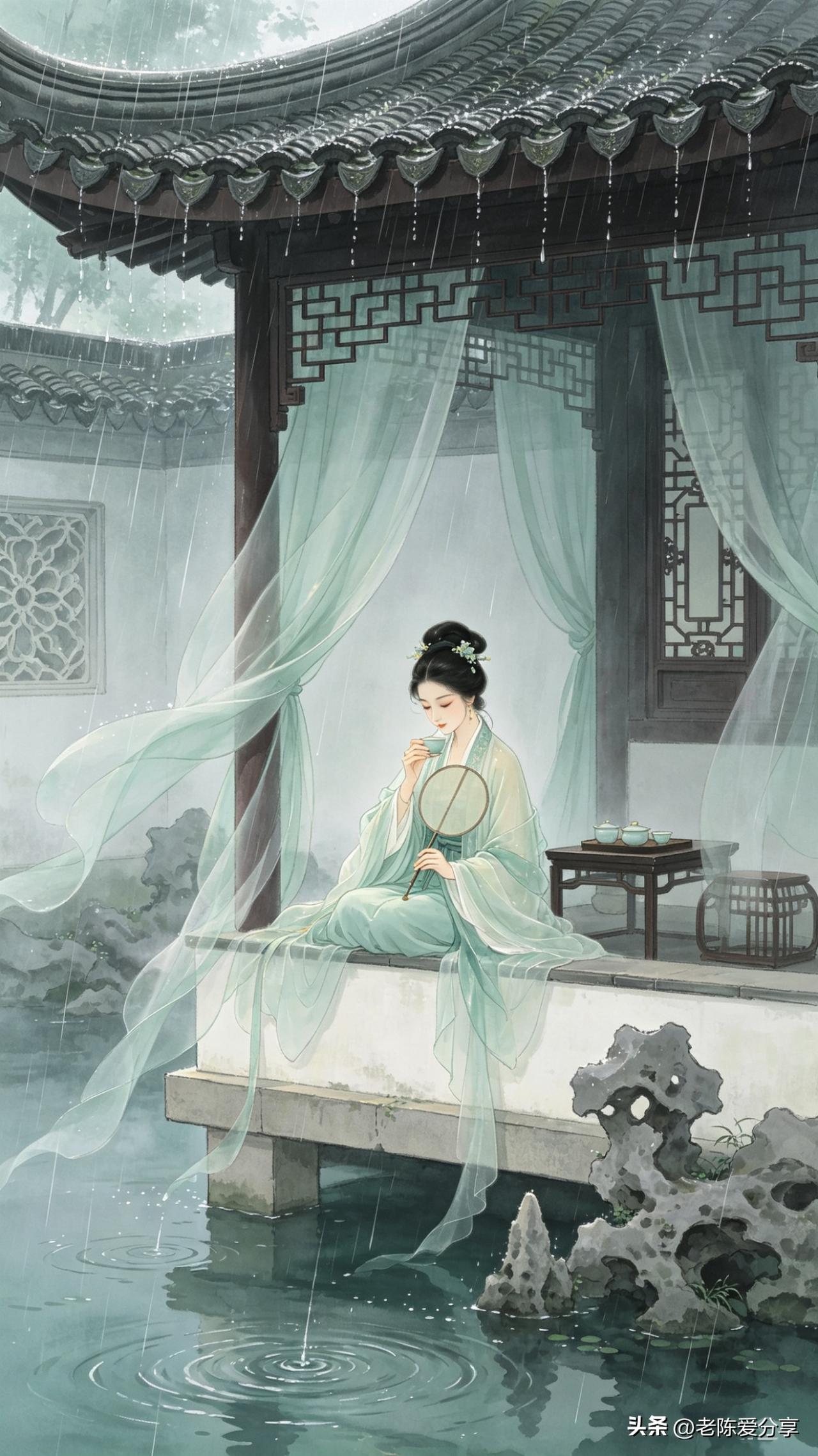 《鹧鸪天·雨亭品茗》

翠幕轻寒护画檐，珠帘垂地雨纤纤。
佳人独坐临波处，团扇微