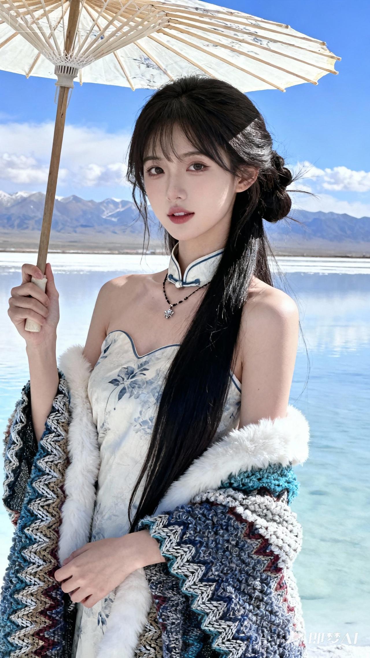 湖畔美人撑伞立，山川如画入诗行。