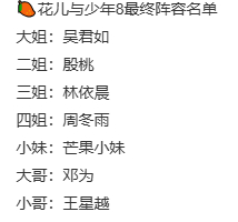 花少8确定阵容本季姐姐团吴君如、殷桃、林依晨、周冬雨坐镇，邓为、王星越两位少年同