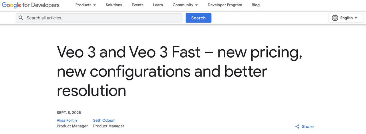 Google 推出 Veo 3 视频模型新版本：竖屏、1080p、价格大幅下调，