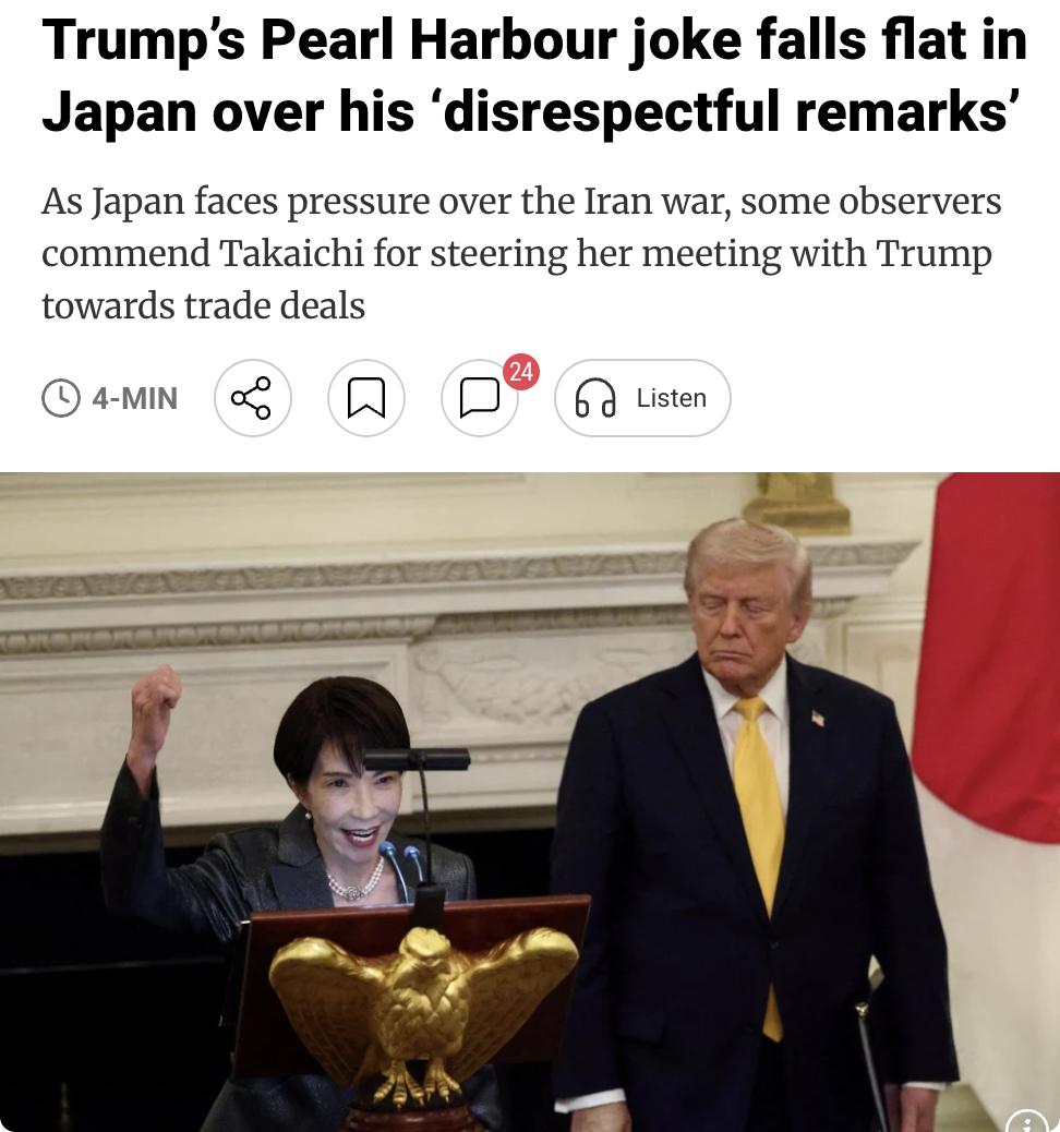 外媒：特朗普在白宫与日本首相高市早苗会面时，就珍珠港事件开玩笑引发日本民众震惊和