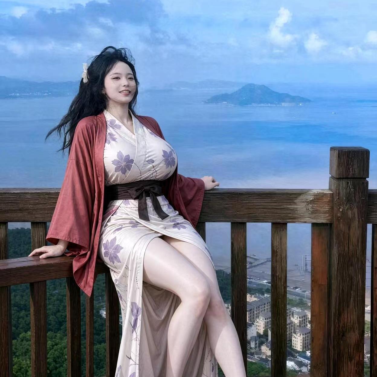 一眼看过去，风景很美，人物却越看越违和！
 
山海蓝天的观景台，景色开阔治愈。