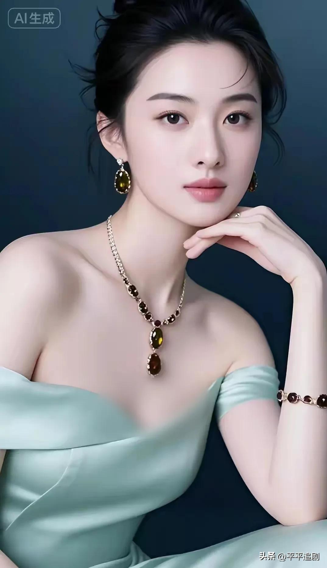 薄荷绿缎面轻裹肩线，琥珀宝石在颈间流转，优雅无需刻意，自有万种风情。
淡雅绿连衣