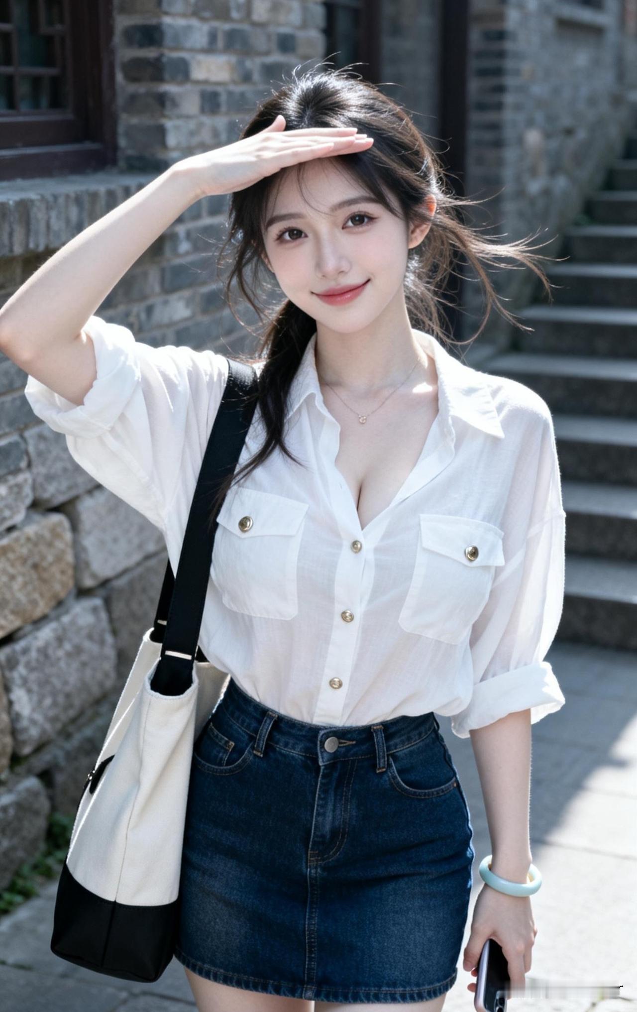 阳光明媚，女孩在街头微笑。