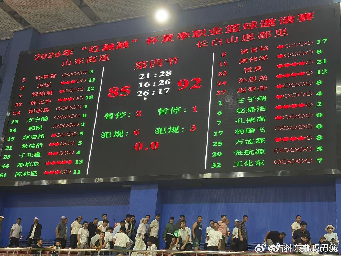 山东男篮  山东高速热身赛85-92不敌吉林长白山恩都里杨文学砍下全队最高的18