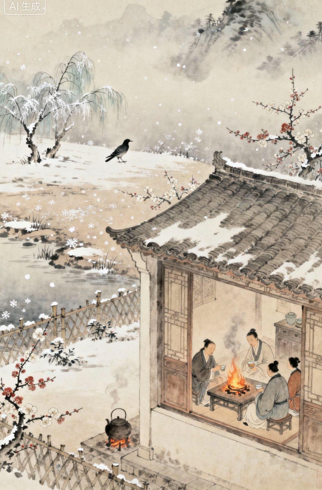 《山坡羊·小雪闲居》珠乡小女

寒烟笼舍，琼花轻洒，疏枝缀玉摇清夜。
煮新茶，话