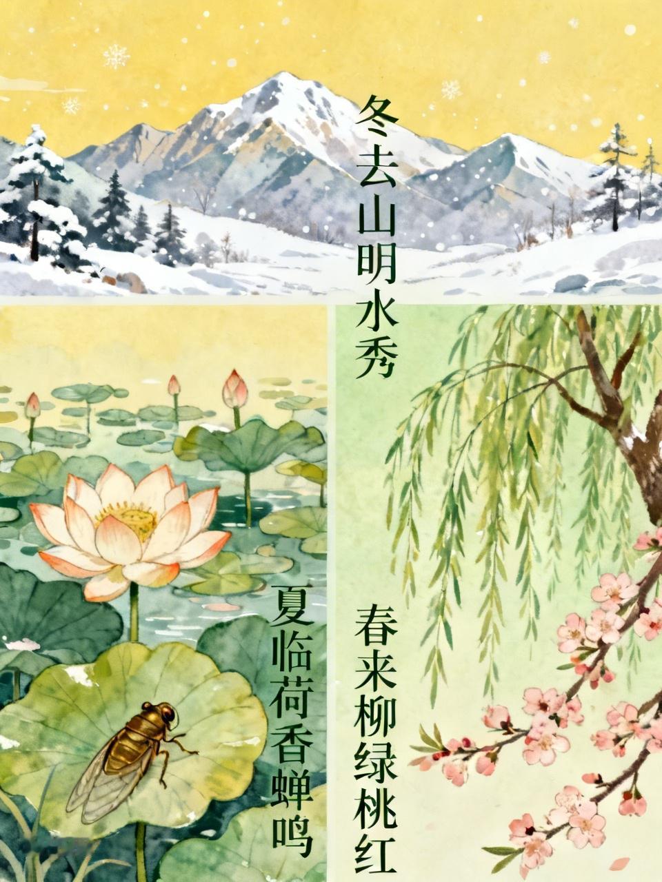 上联“冬去山明水秀”，“冬去”点明季节变化，“山明水秀”描绘出冬天过后山川景色的