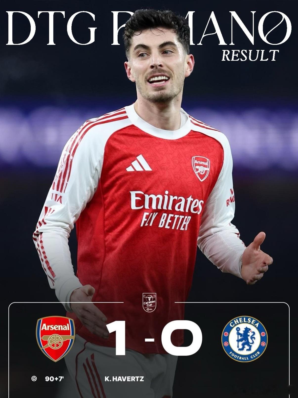 阿森纳1比0切尔西 英联杯半决赛次回合哈弗茨97分钟读秒绝杀！阿森纳主场1-0力