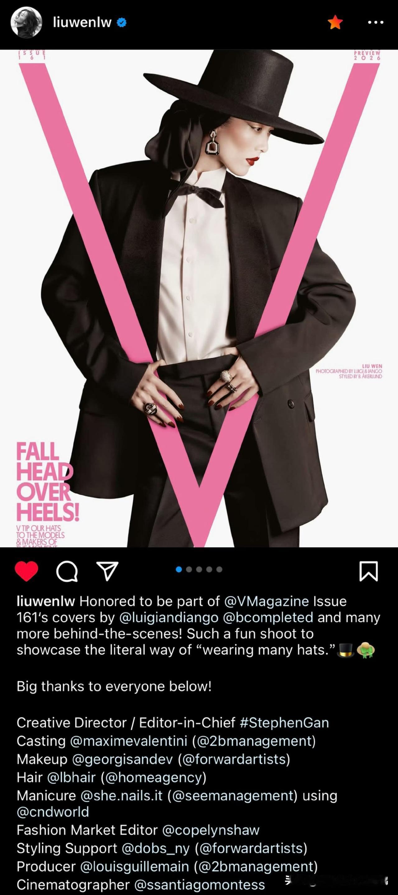 超模刘雯在社交平台更新动态，晒出自己为《V Magazine》第161期拍摄的主