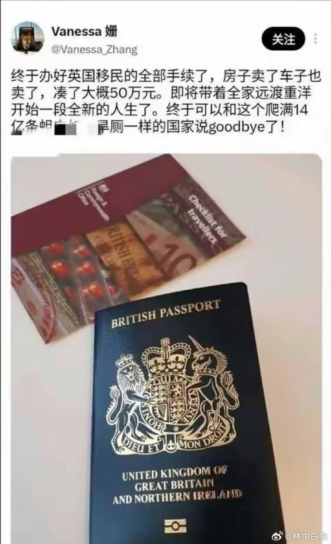 这位Vanessa姗女士卖车卖房，远渡重洋，声称告别“14亿蟑螂国家”。然后移民