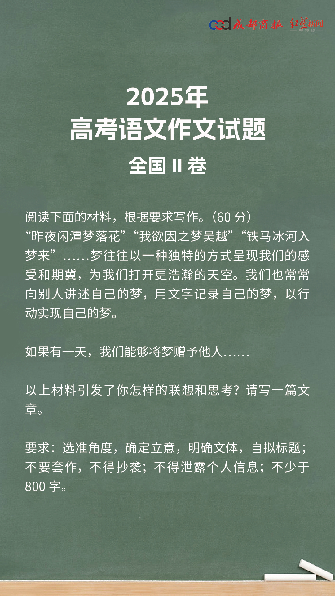 #全国二卷作文梦# 全国二卷阅读下面的材料，根据要求写作。（60分）“昨夜闲潭梦