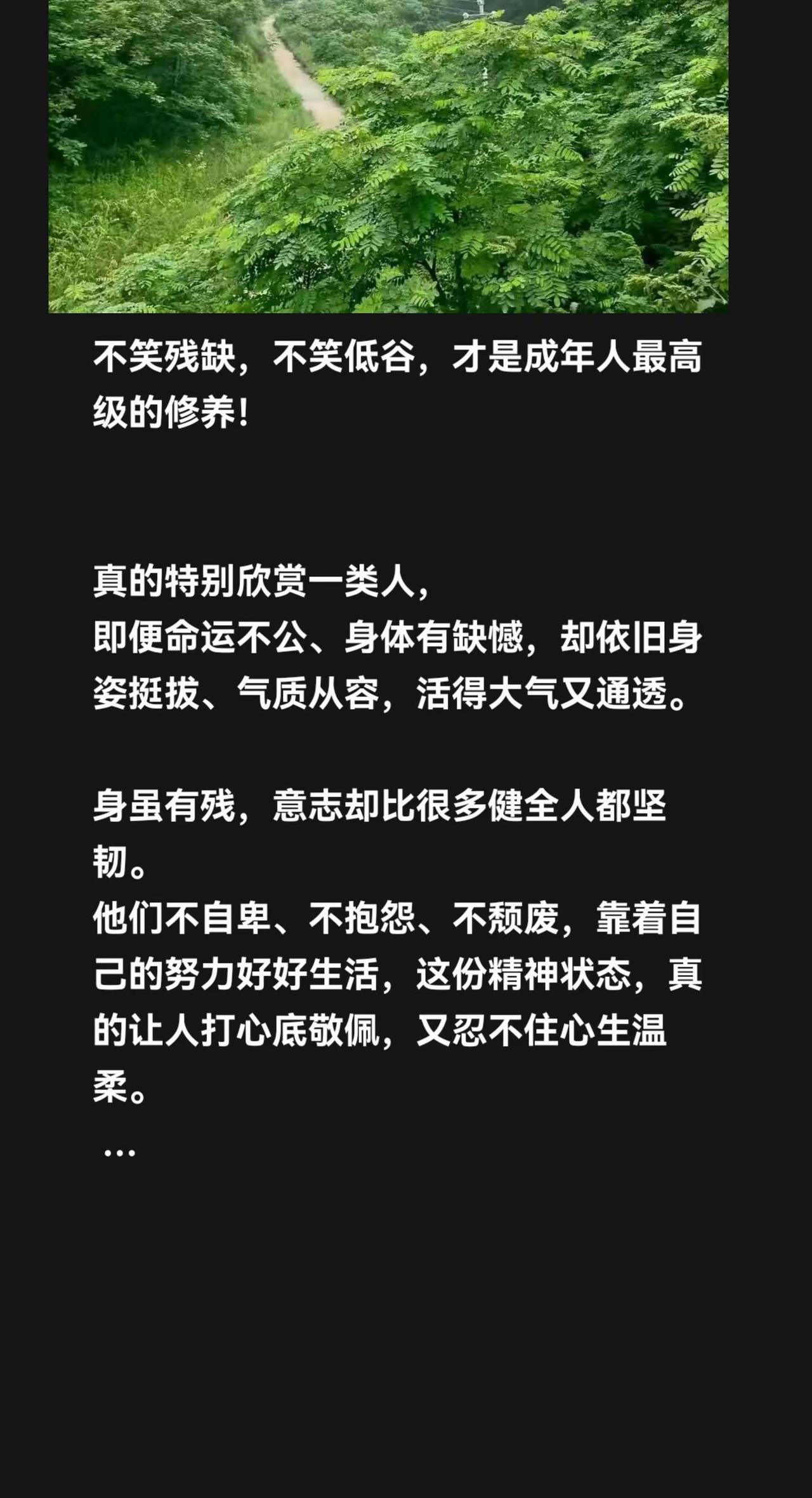 不笑残缺，不笑低谷，才是成年人最高级的修。真的特别欣赏一类人，即便命运不公、身体