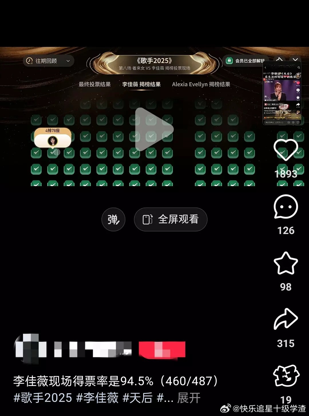 李佳薇昨晚揭榜者来女的投票比例94.5%李佳薇460/487者来女27/487 