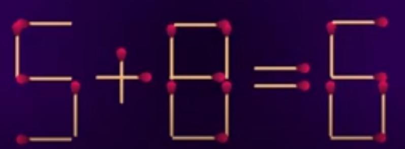 这是一道有趣的火柴棒数学题，等式是5+8=6，过移动1根根火柴让这个等式成立吗？