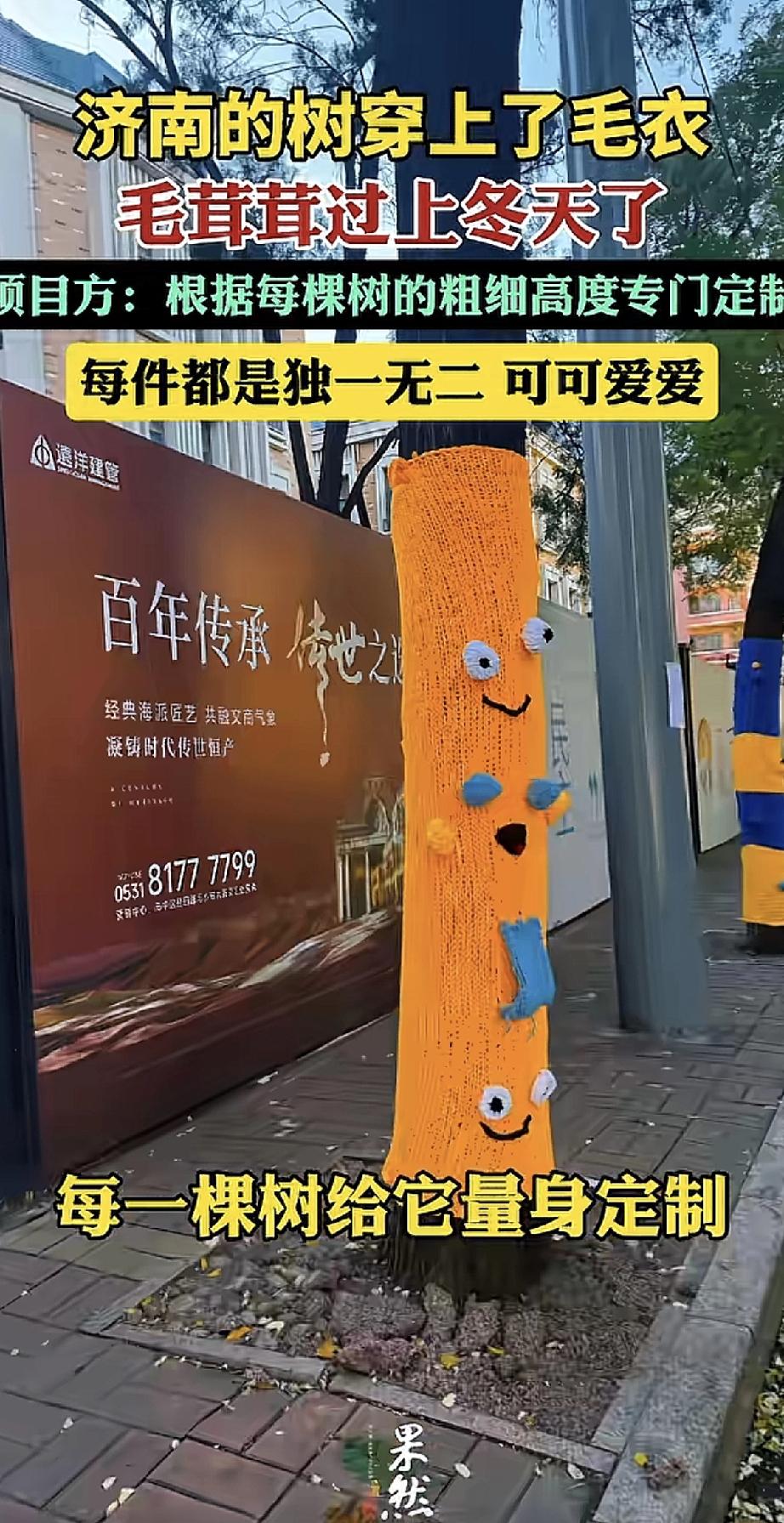 济南的冬天变得可可爱爱！街边的树木都穿上了量身定制的“毛衣”。

项目方说，他们