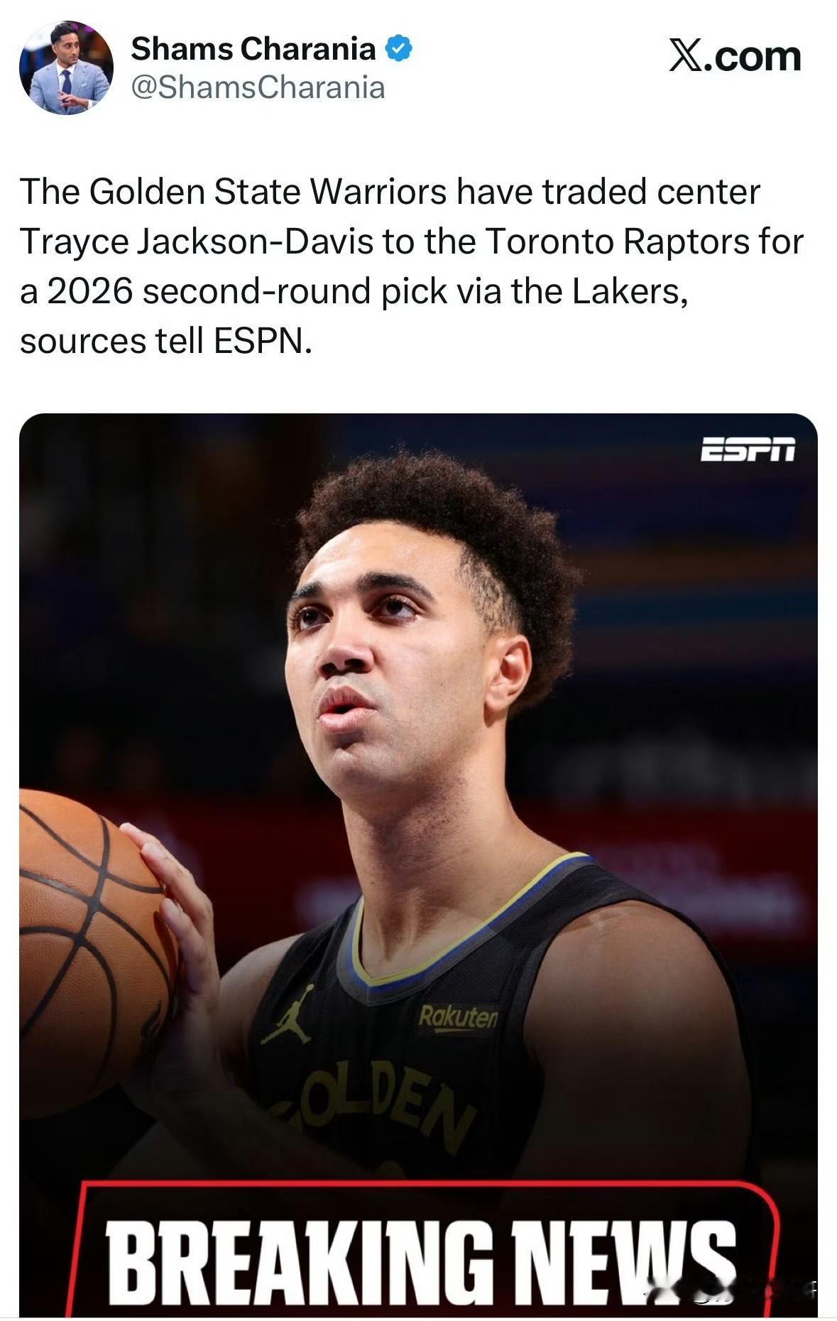 勇士将戴维斯交易至猛龙，换回26年次轮签！

根据记者Shams最新消息透露，勇