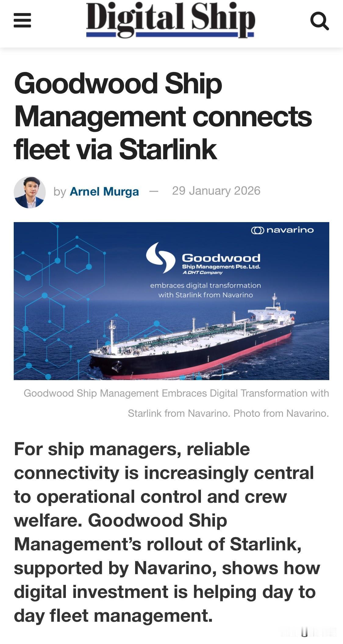 新闻：古德伍德船舶管理公司已在其所有船队中安装了星链。

“星链彻底改变了我们管