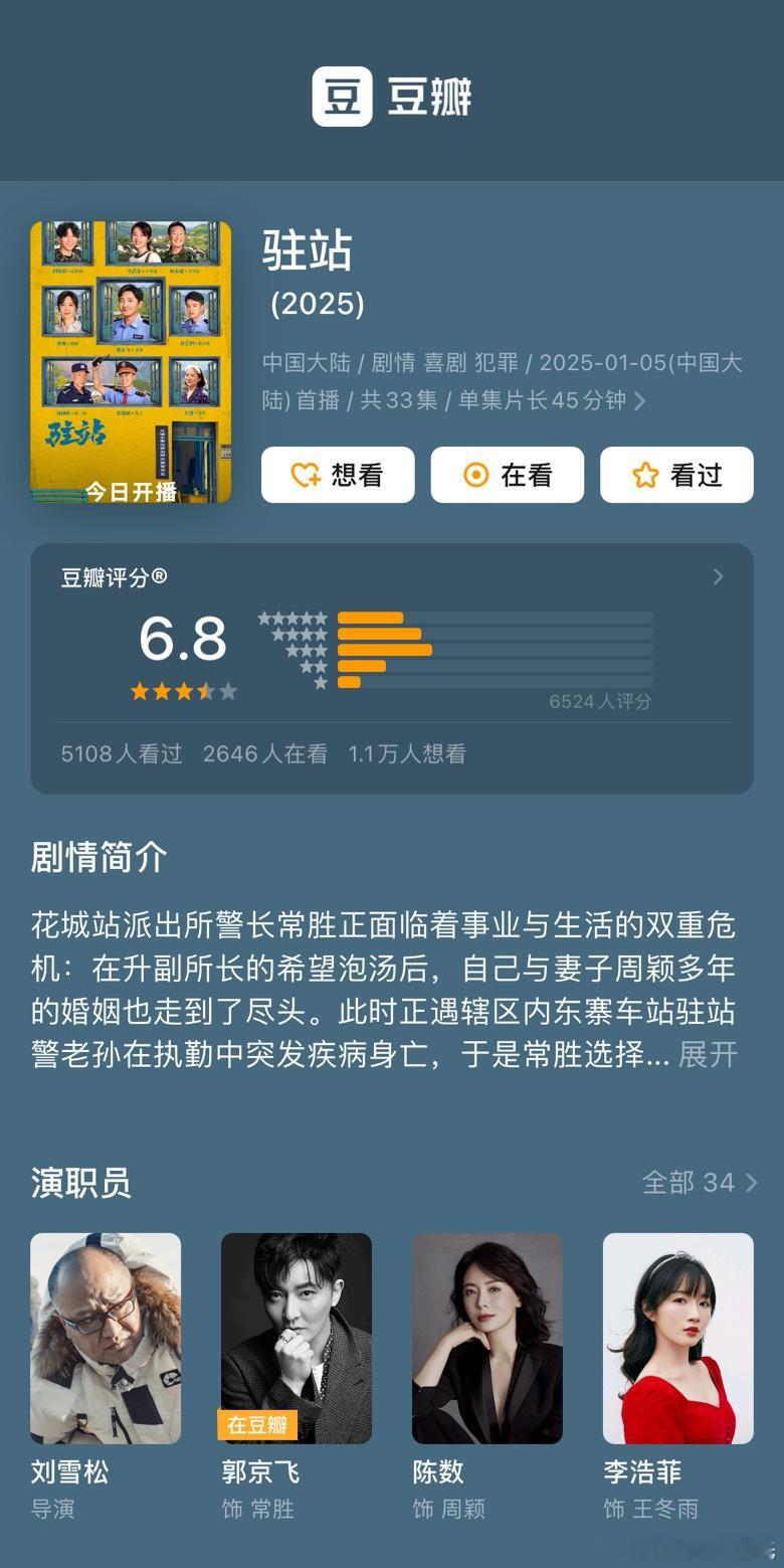 郭京飞、陈数 驻站  豆瓣开分6.8评分人数6500+人这剧剧情不咋的？什么问题