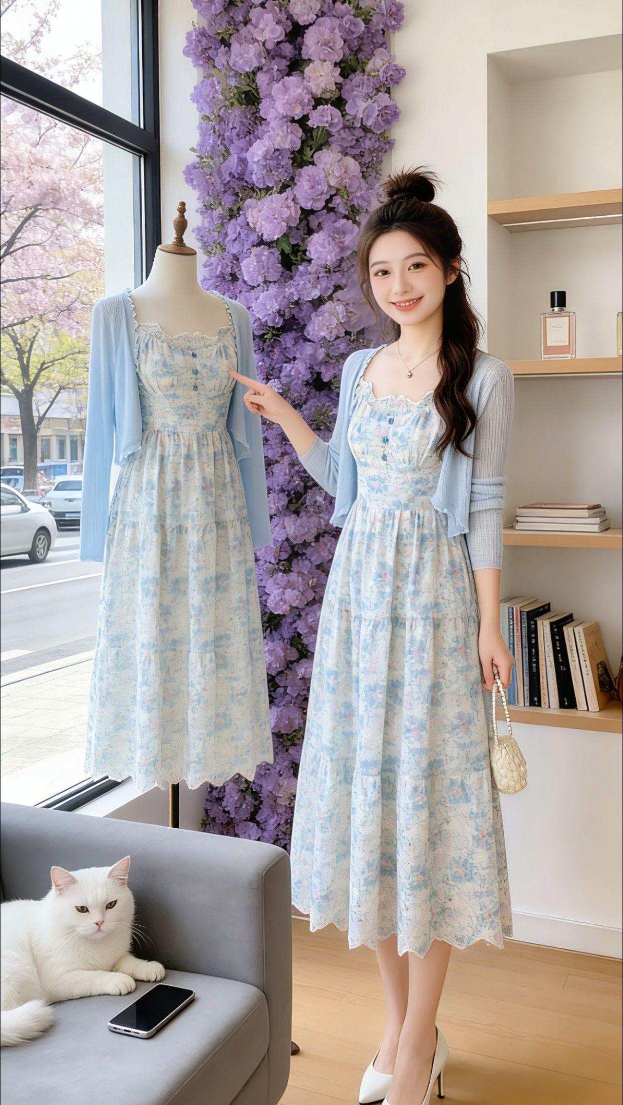 Danny的春日穿搭日记，把法式浪漫穿在身上✨ 蓝白碎花刺绣吊带裙，搭配浅蓝针织