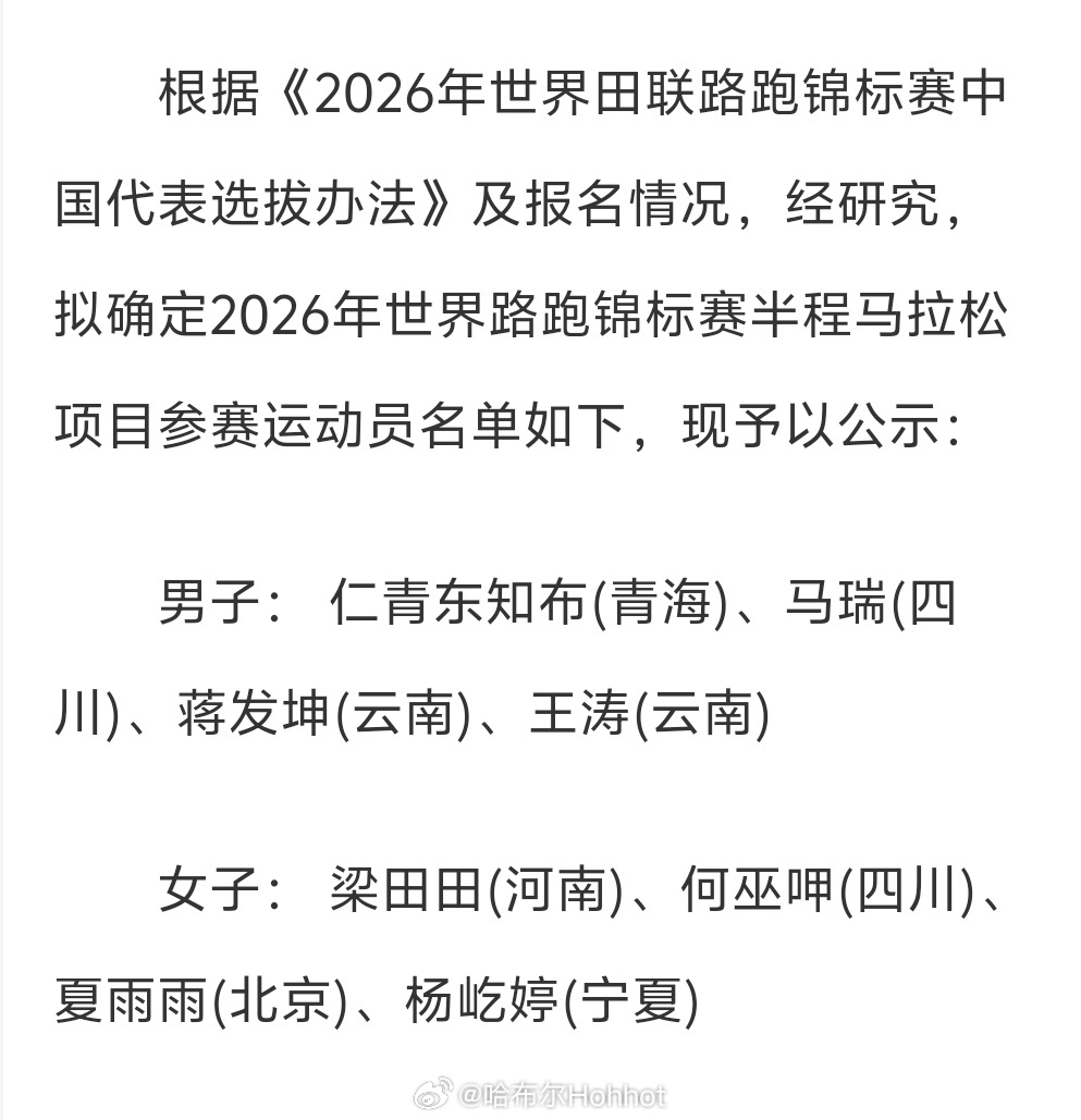 9月在哥本哈根进行的首届路跑锦标赛，中国田径队半程马拉松项目参赛人员名单：除此之
