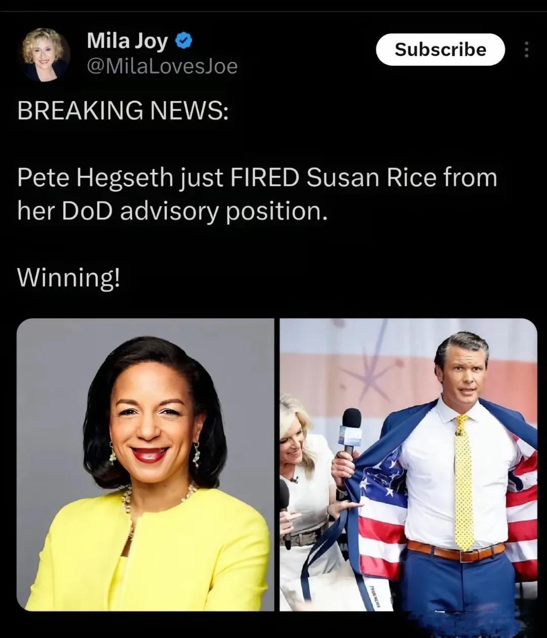 美国防部长赫格塞斯开除著名反俄派政客苏珊赖斯！

​苏珊赖斯是著名反俄派，现任五