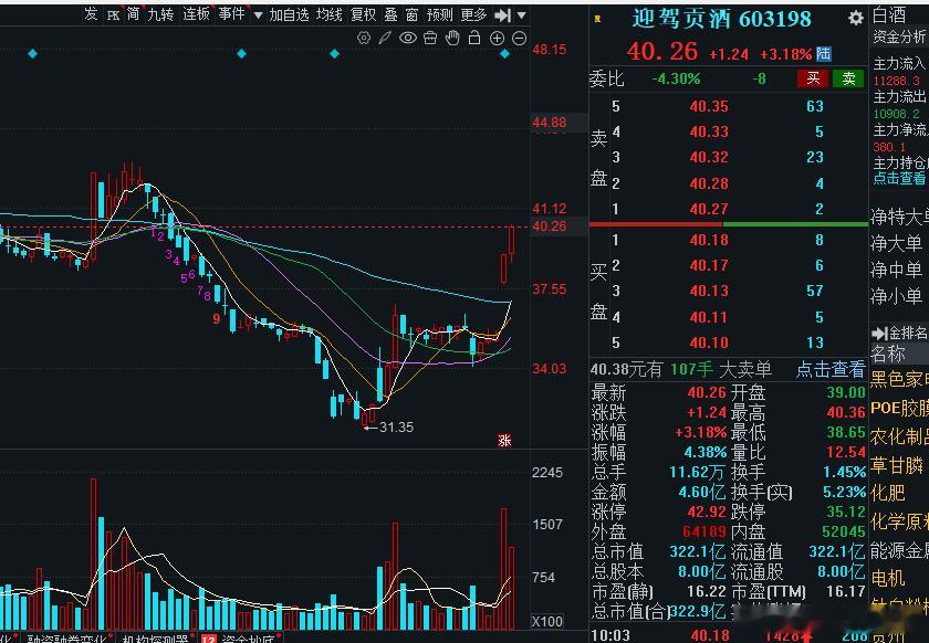 迎驾贡酒继续拉升，节奏不错，趋势也不错，资金流入了几百万，看看能不能继续延续二连