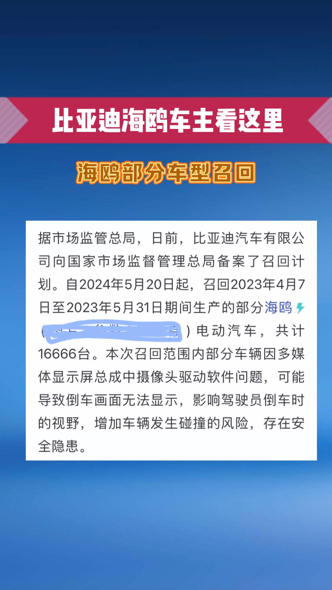 比亚迪海鸥部分车型召回，大家检查一下。有没有你的车，有问题厂家召回解决，是倒车影像花屏的问题去逛远通五一车展啦
