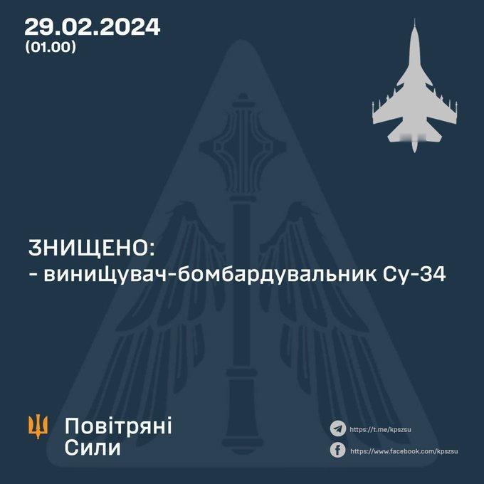 乌克兰空军司令部：今天凌晨在东线再击落一架Su-34歼击轰炸机，这是今年击落的第