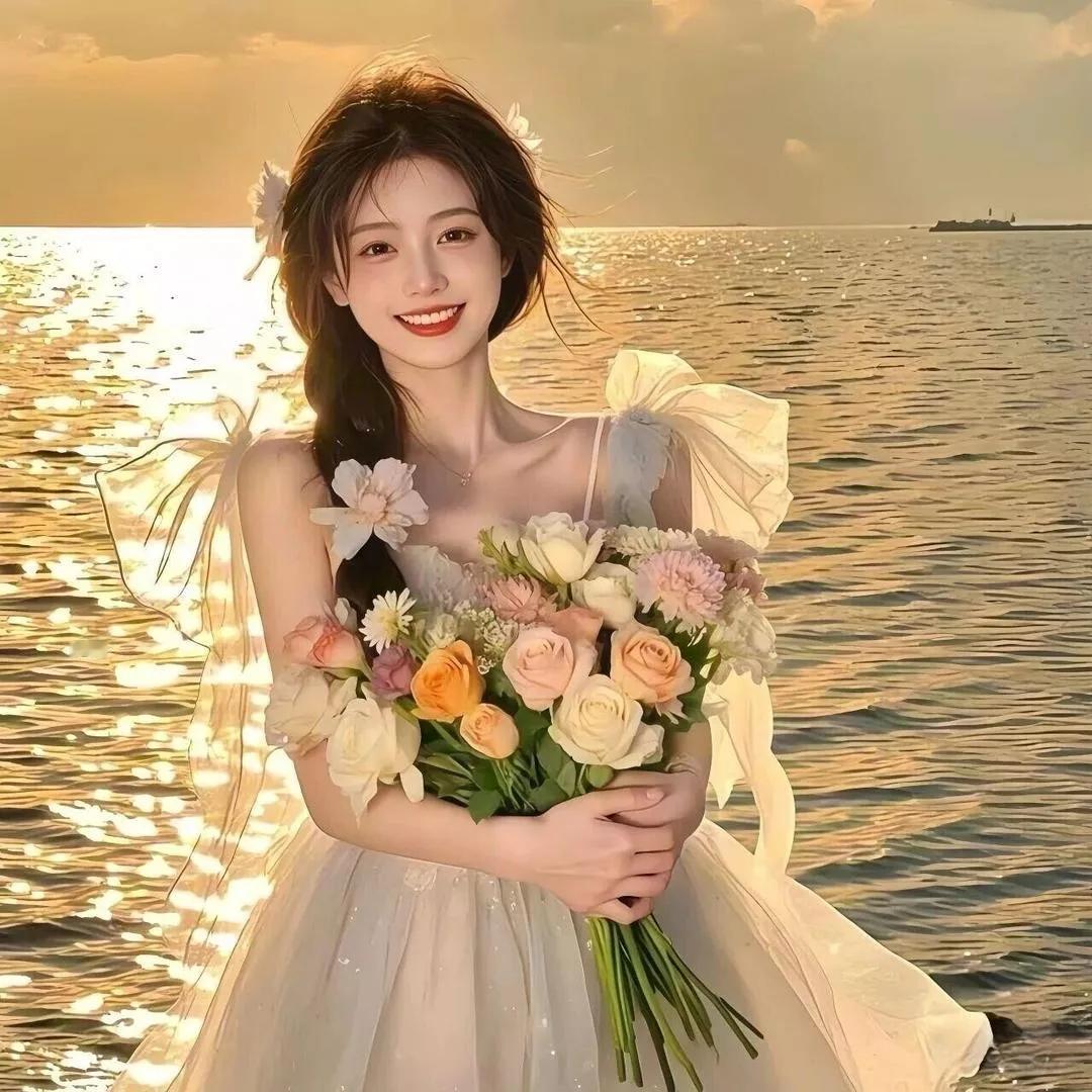 梦幻海边少女，手持花束，笑容灿烂！海边花海少女 海边活力少女 海边度假少女 海边