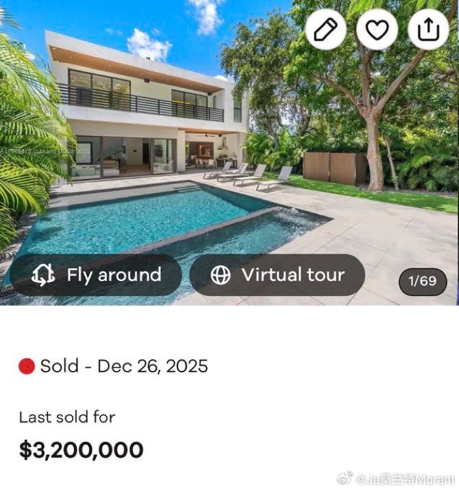 莫兰特320万在迈阿密购买一处房产。