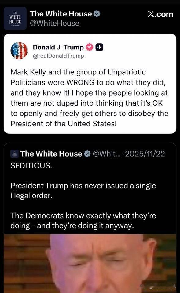 白宫：“Mark Kelly 和那群不爱国的政客们所作所为是错误的，他们心里清楚