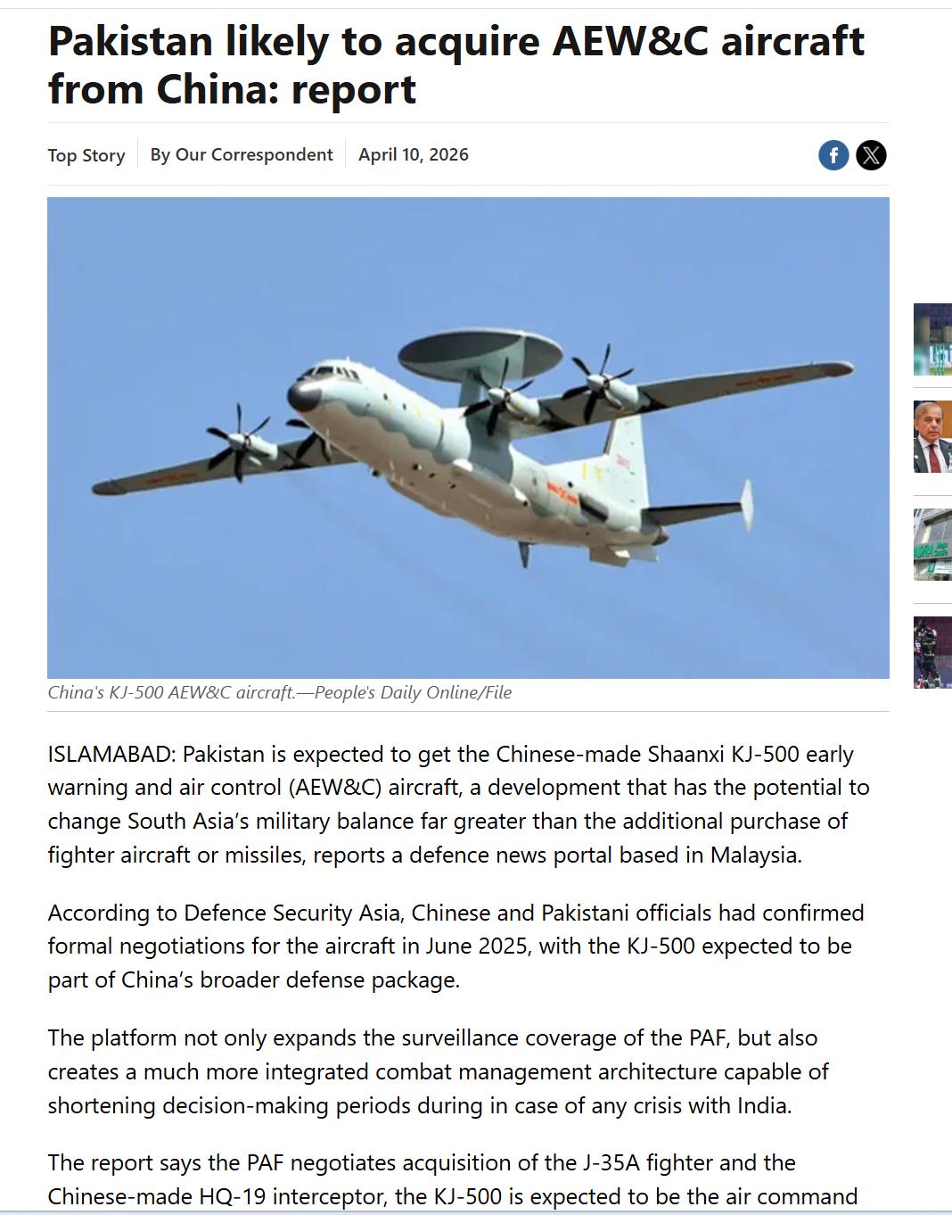 巴基斯坦就采购空警-500预警机展开谈判，另外谈判内容还包括歼-35型战斗机和红