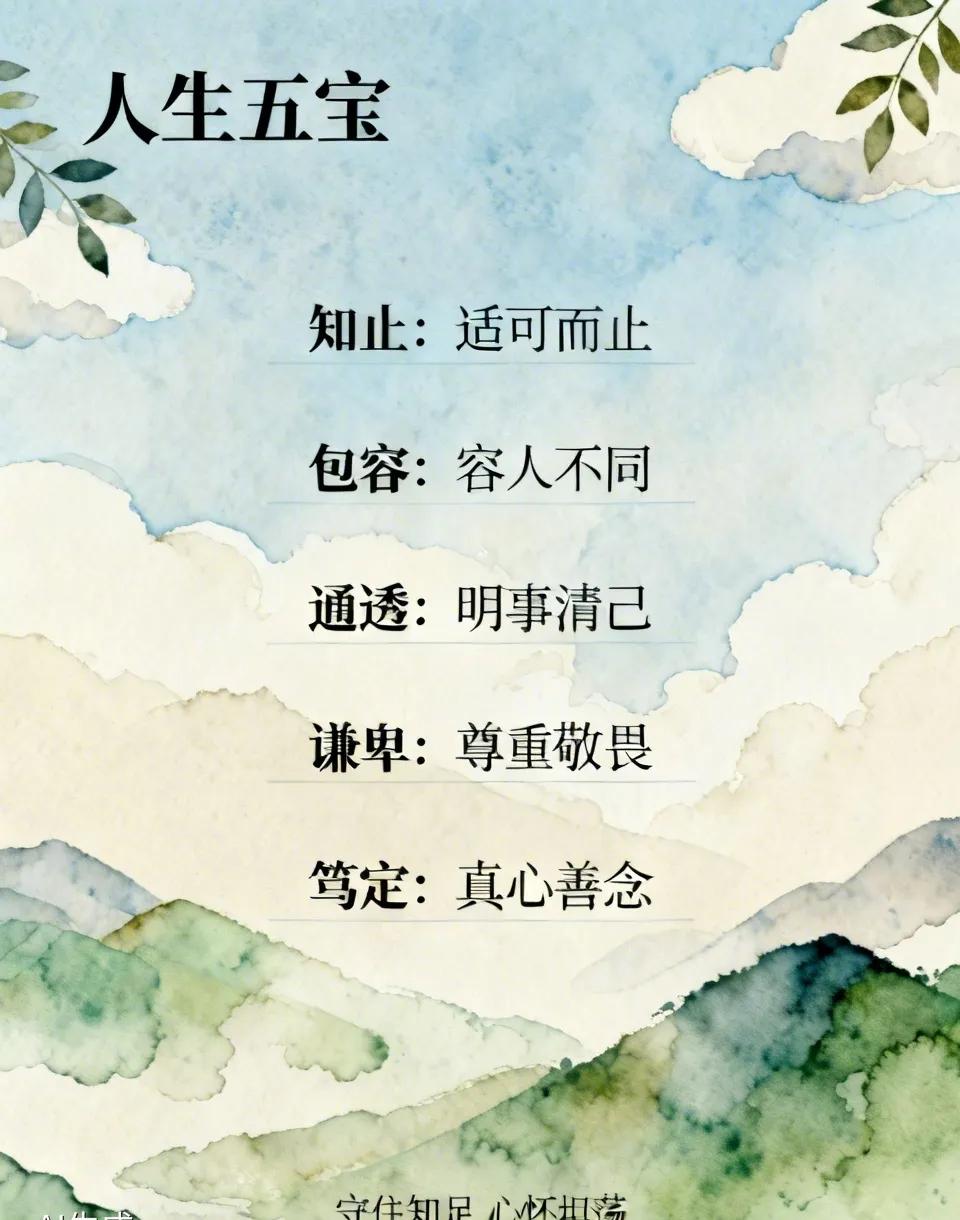 人生五宝：
1 知止：懂得适可而止，不贪多
2 包容：看得惯不同，容得下别人
3