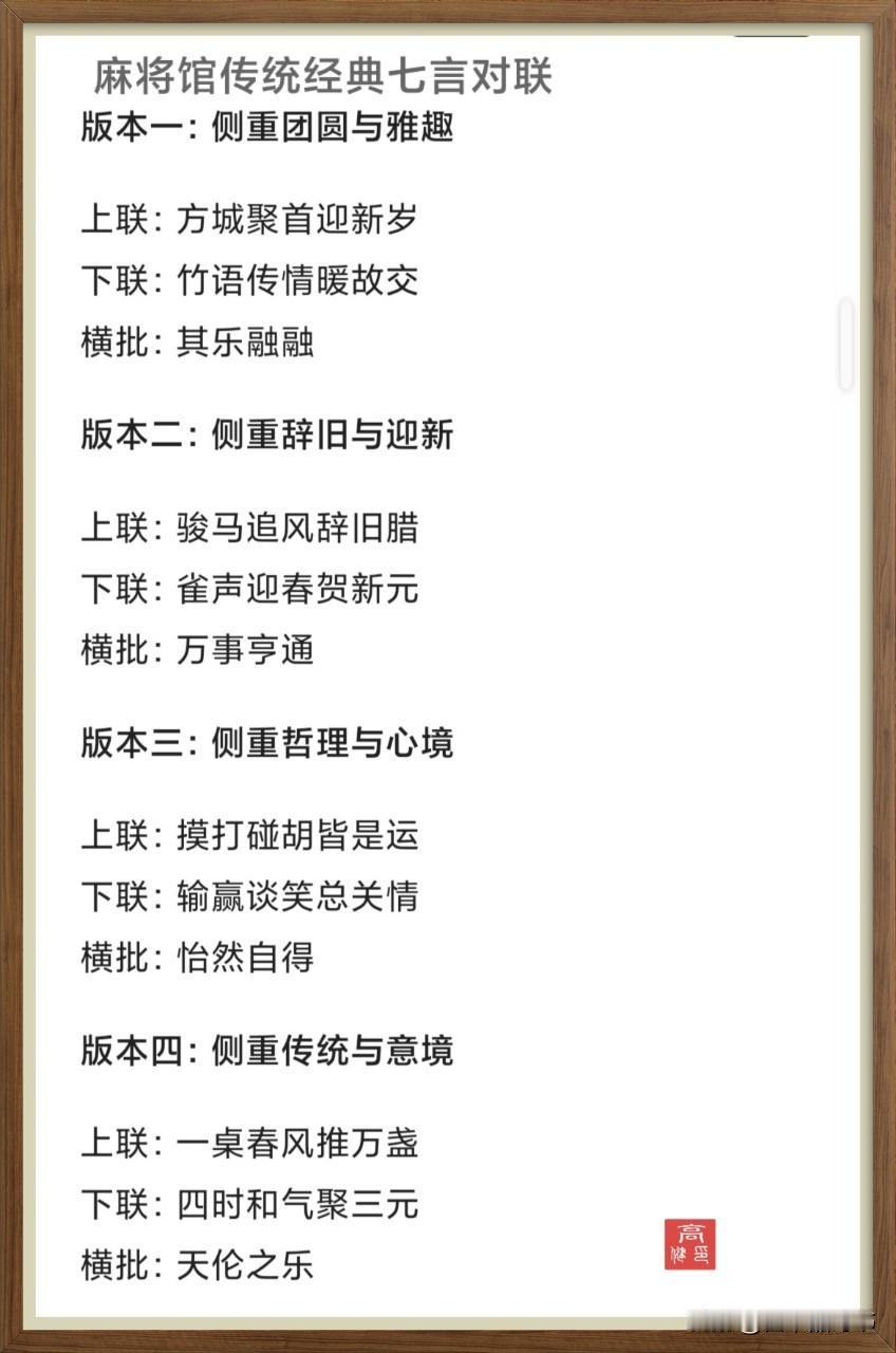 麻将馆传统的经典七言对联，春节将至，正适合贴上一幅
 版本一：侧重人生际遇与哲理