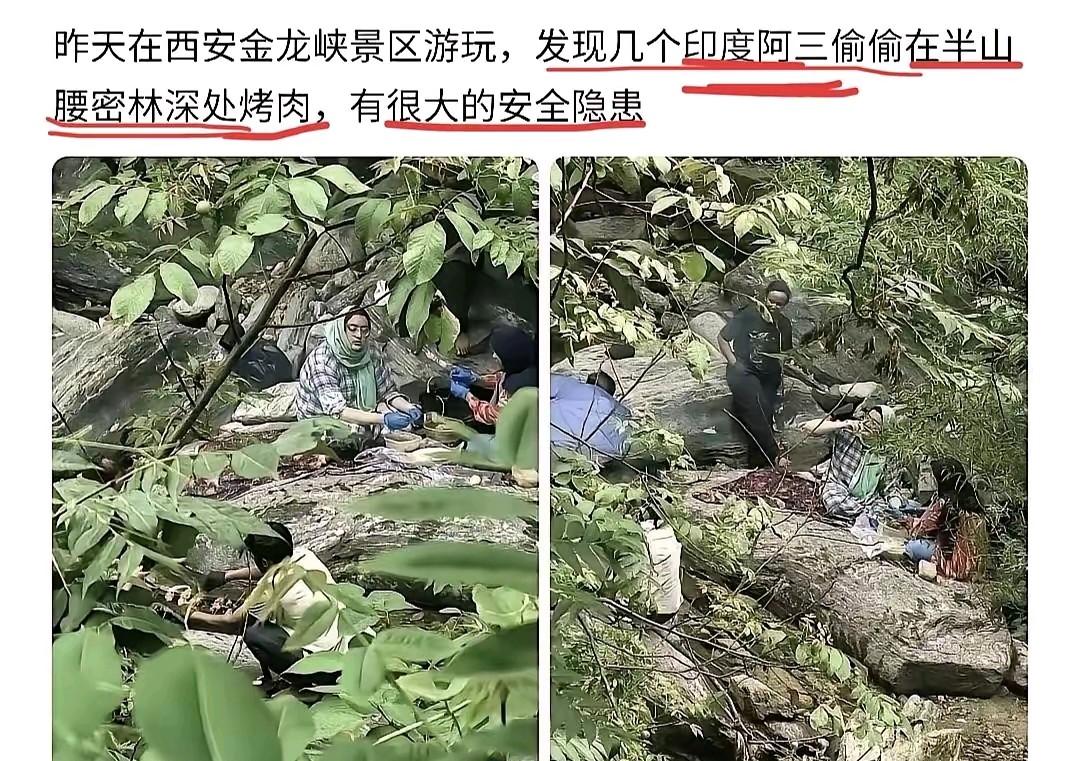 胆大包天！ 几名印度籍游客躲进西安金龙峡半山腰的密林深处，偷偷生起明火烤肉，专挑