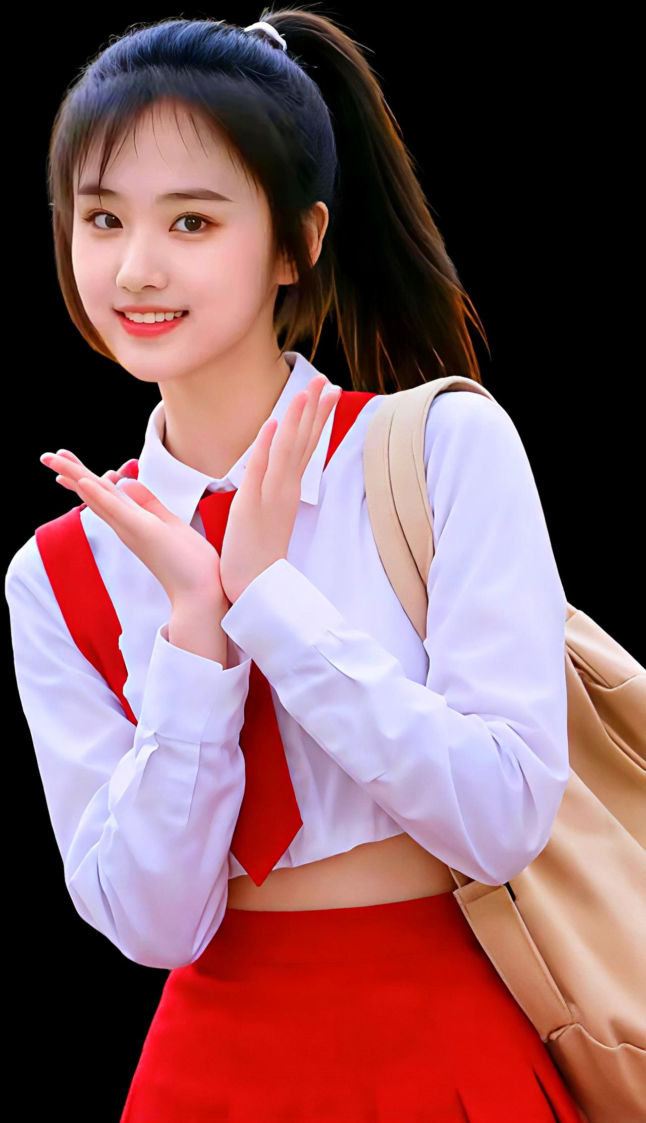 青春洋溢的校园少女，红白相间的校服，微笑着挥手，元气满满的一天！😊📚💼女人