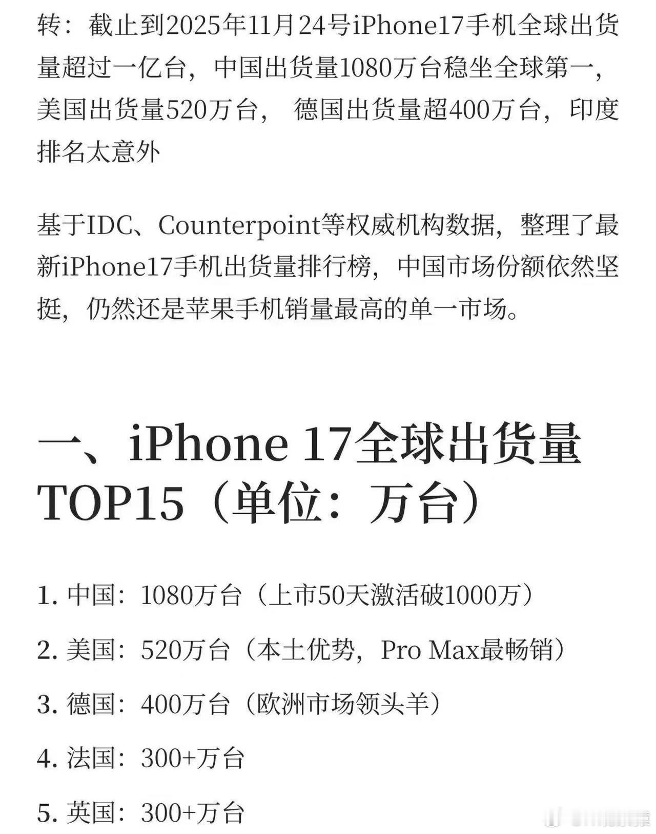 iPhone17最新销量曝光iPhone17系列全球销量超一亿部，中国销量超15