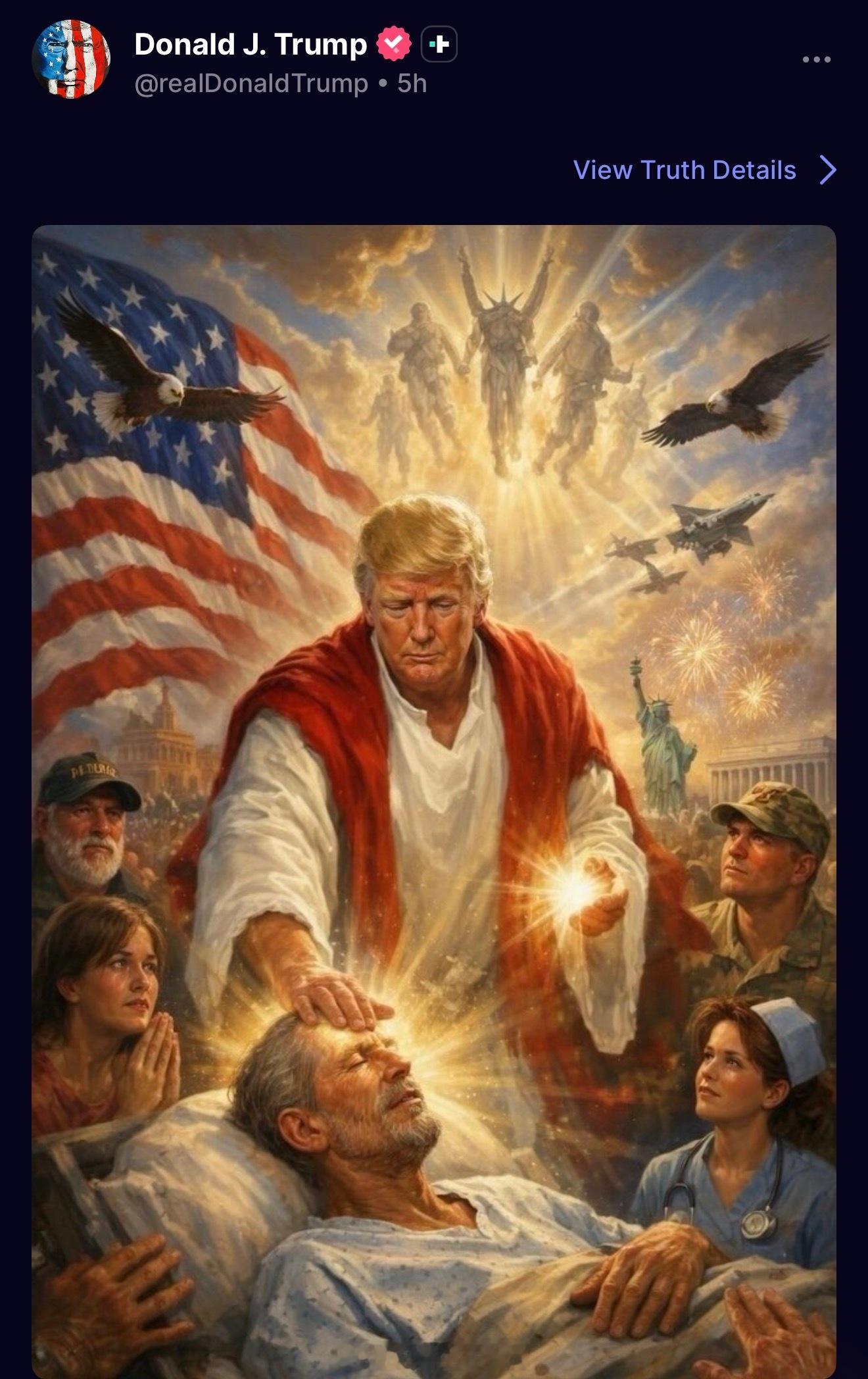 川普今天发的耶稣梗图，原图可能来自2月份Nick Adams发的。但画面上方中间