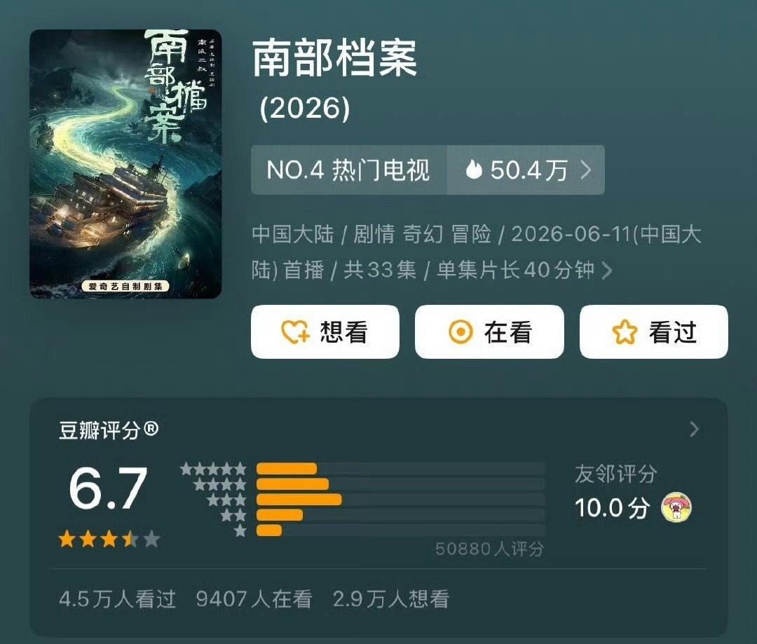 南部档案看完了，豆瓣开分6.7 ，算是相对客观，稍低一点点，我打的话7.0吧！