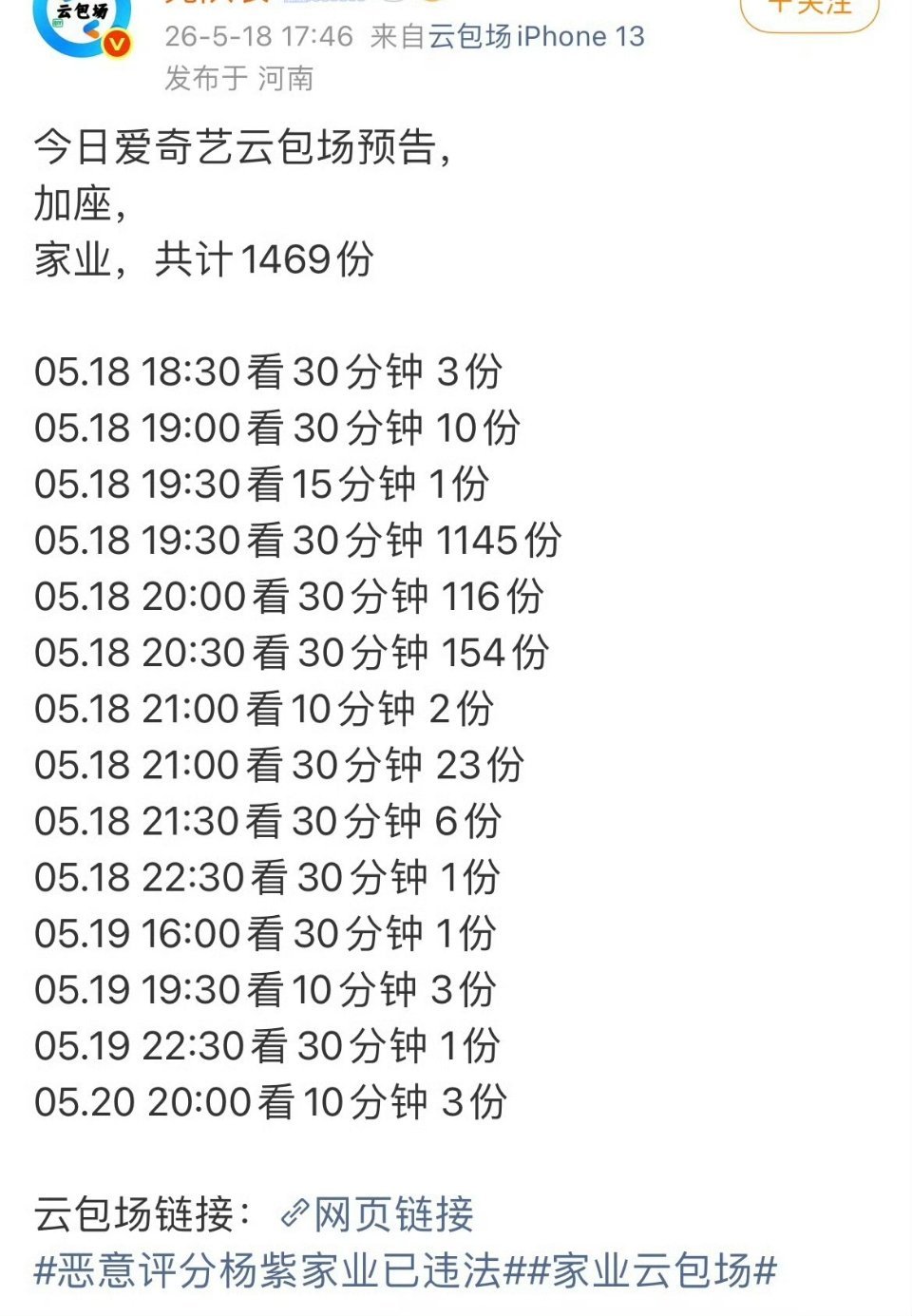 今天家业云包场活动来了，共计1469份…家业