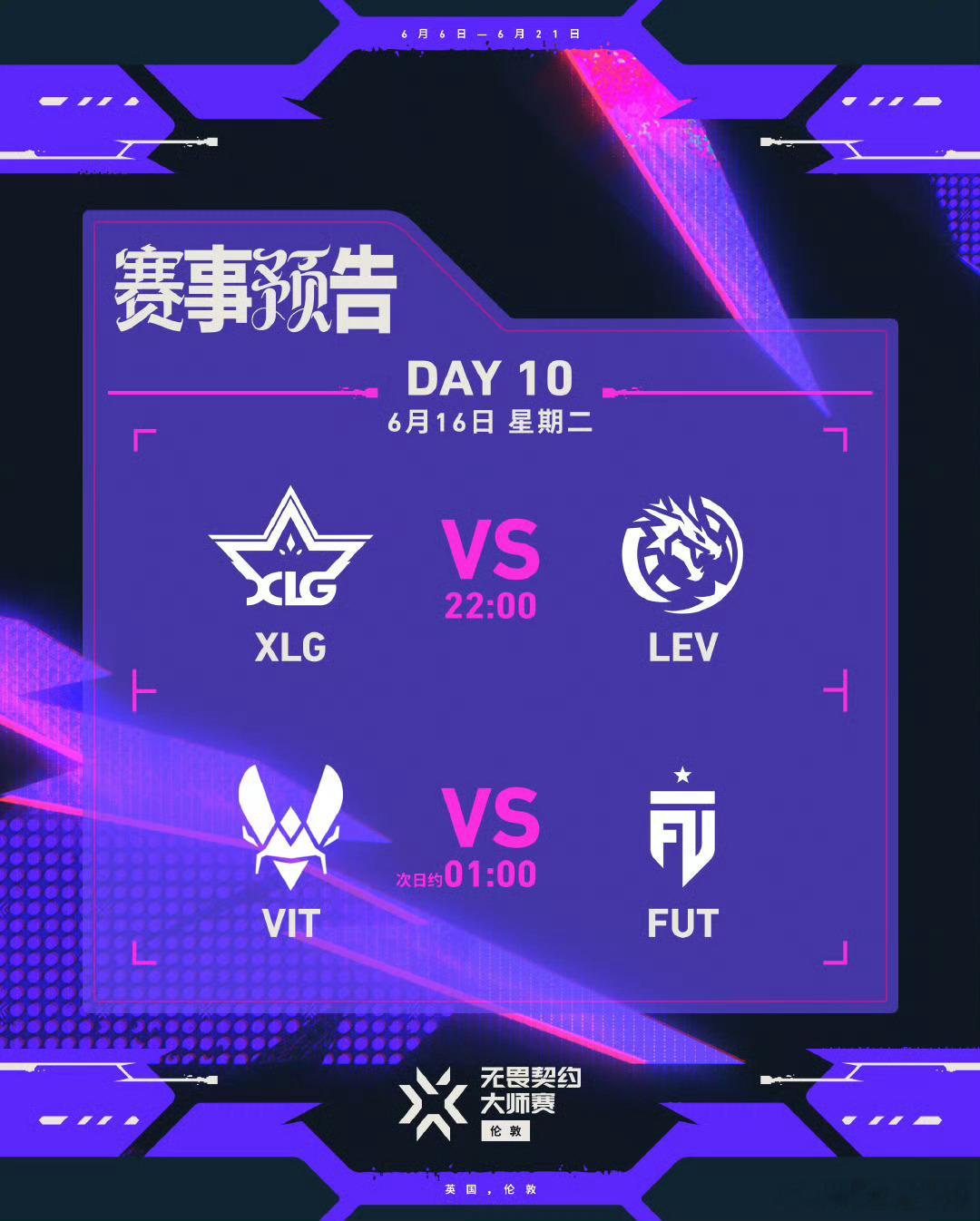 无畏契约伦敦大师赛 | 第十日今日预告6月16日 北京时间 22:00开赛第一场
