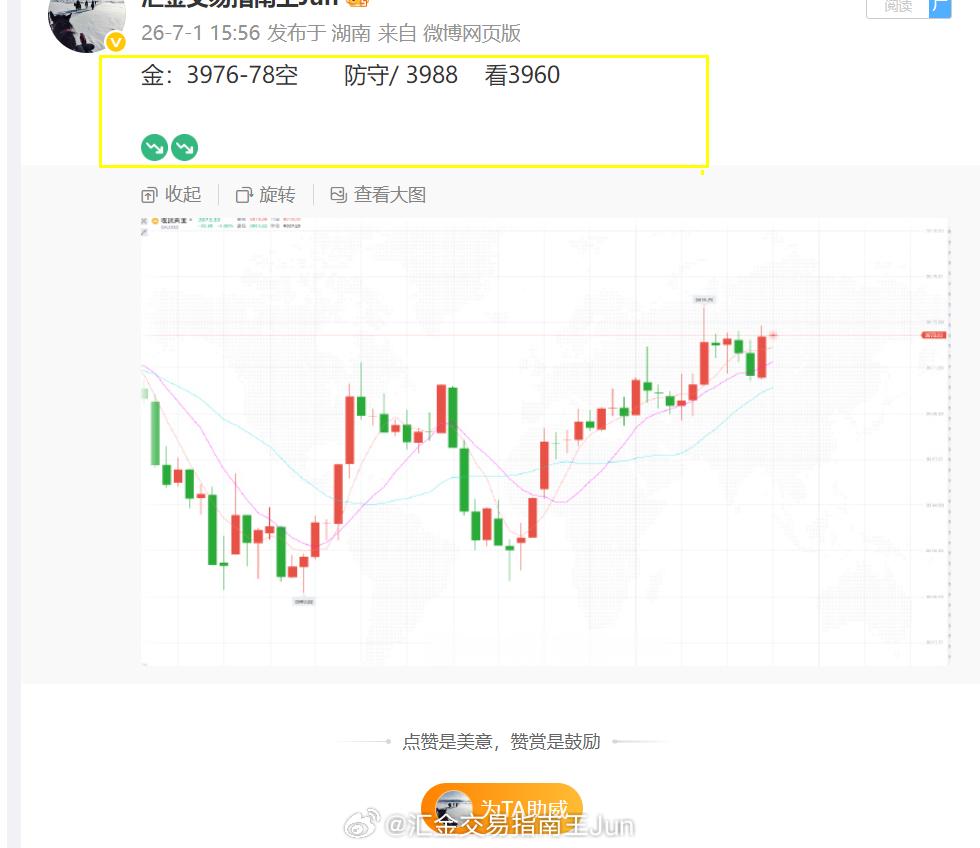 金:3978空单  抵达/3970 求稳的朋友可以先出了，反弹一波可以继续向下看