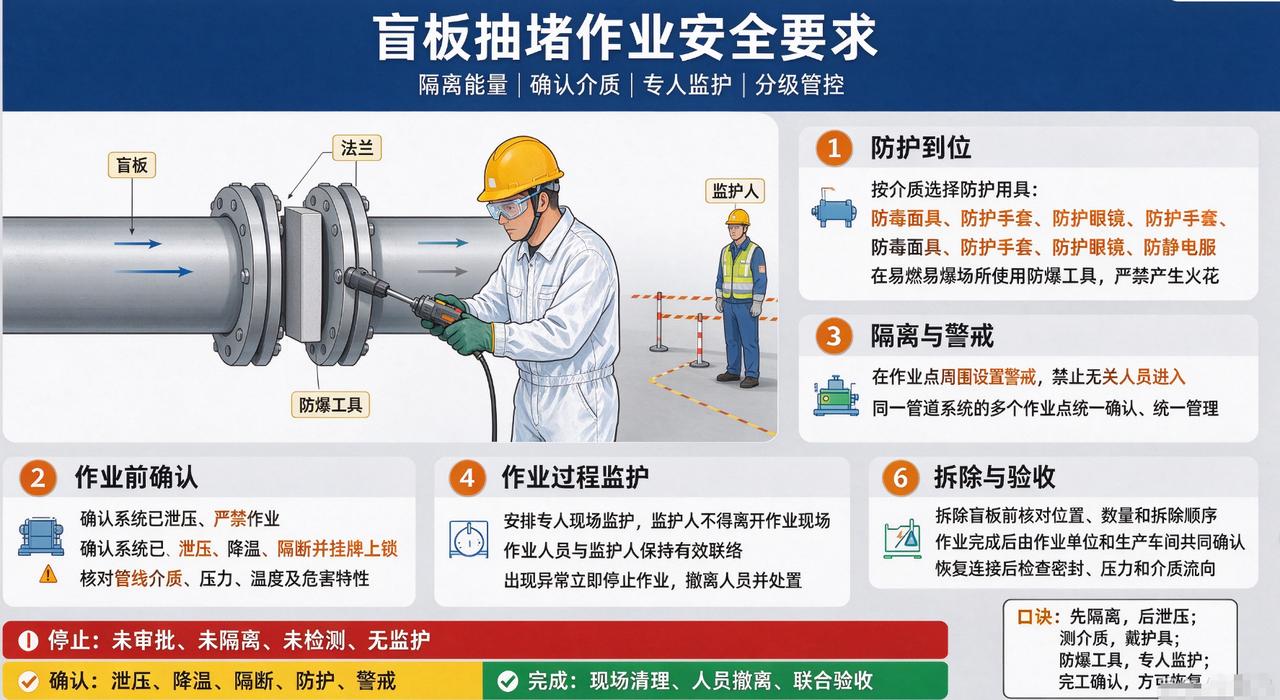 盲板抽堵作业：隔离、泄压、监护，这“四大件”缺一不可！
一、 核心四原则（图首副