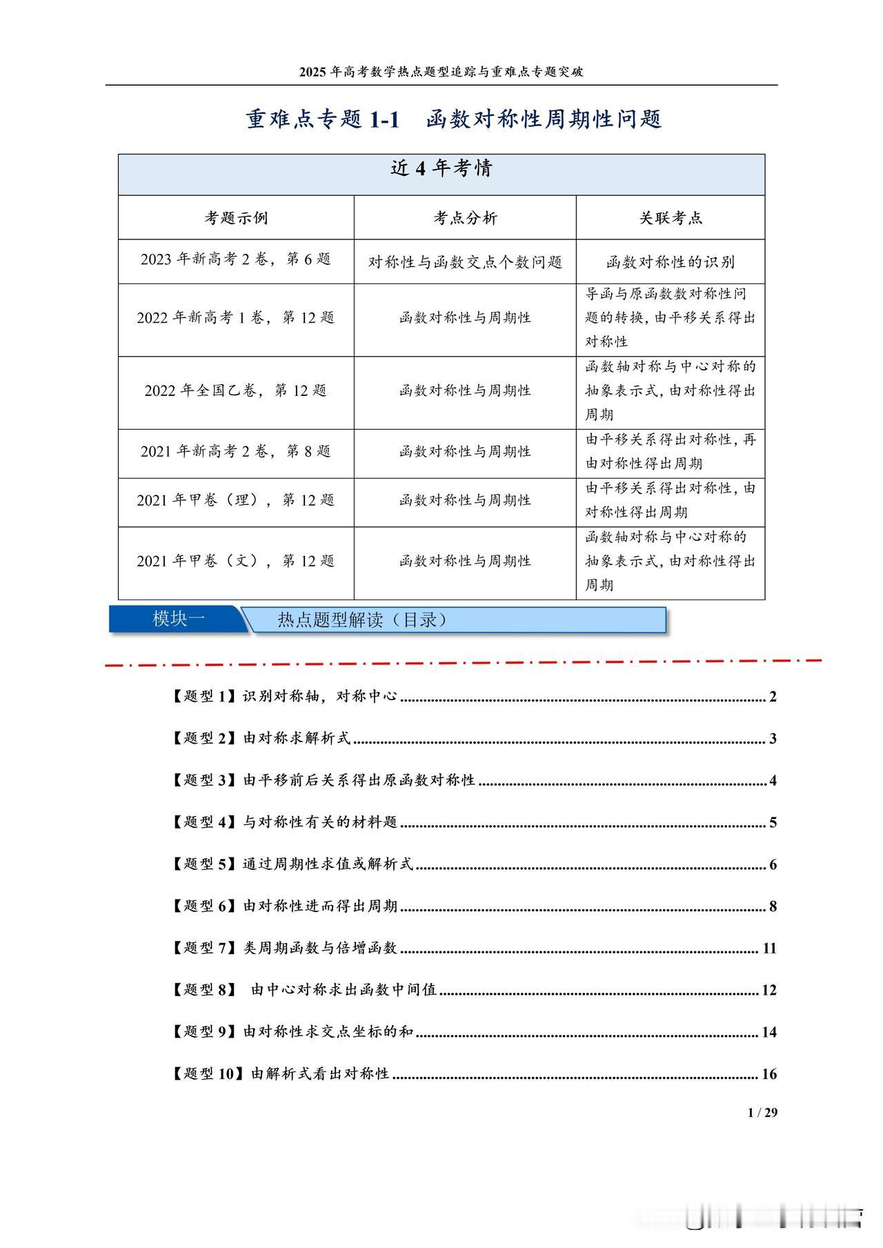 重难点专题1-1  函数对称性周期性问题

函数四大性质：单调性、奇偶性、对称性