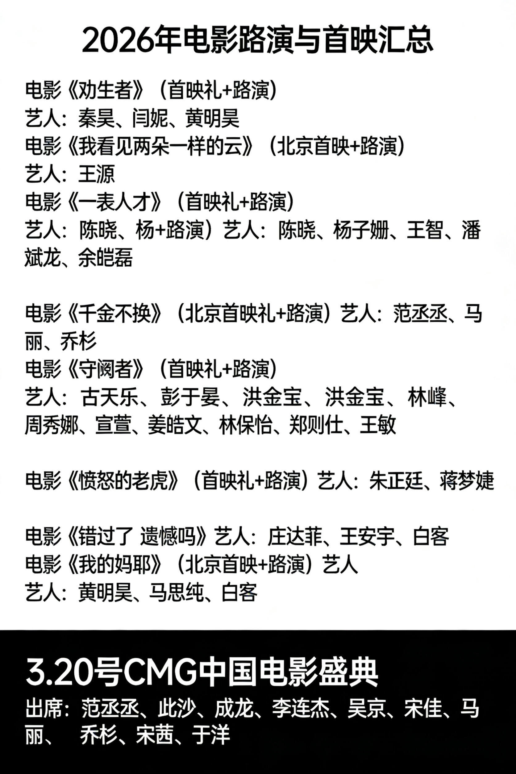 2026年的电影路演&首映阵容 3.20号CMG中国电影盛典出席艺人：范丞丞、此