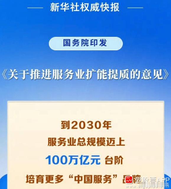盘后国务院放大招，印发《关于推进服务业扩能提质的意见》。其中明确：到2030年服