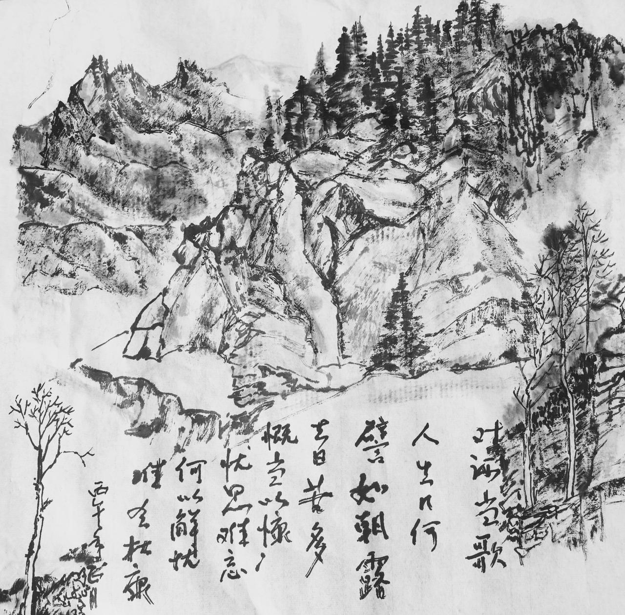 一幅水墨山水习作，初稿画好了，觉得有处空白，写了一首曹操的《短歌行》。感觉自己的