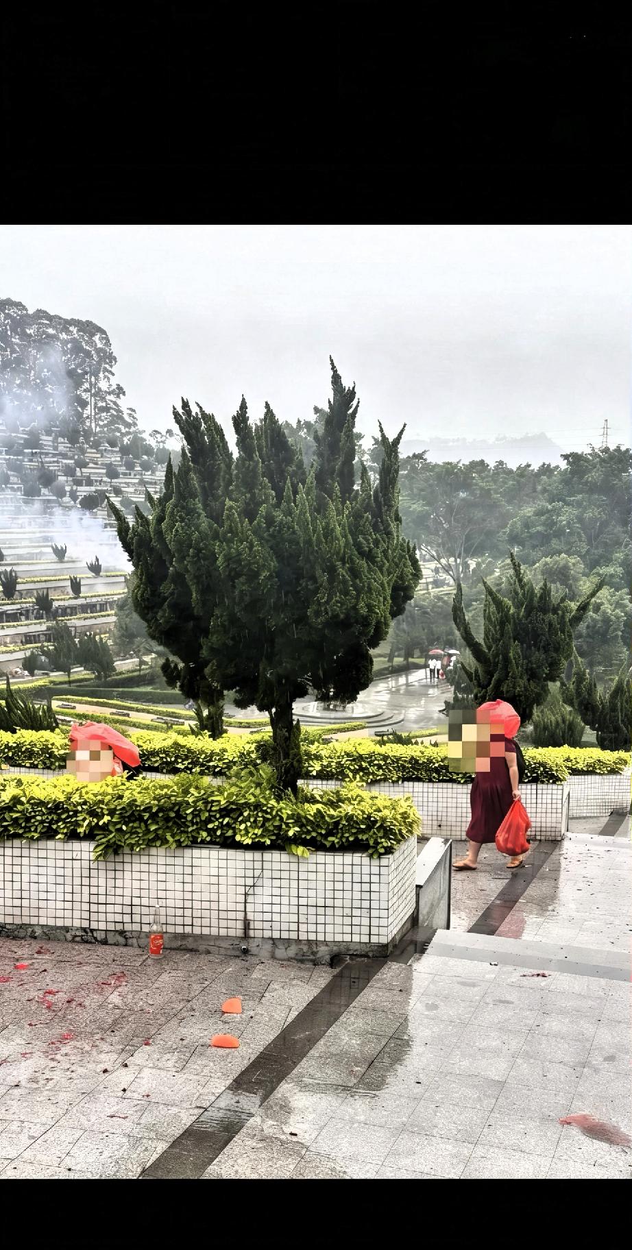 在墓地，两位老阿姨，将别人祭拜留下的东西，有烤鸭，水果，饼干等，只要祭拜的家属离