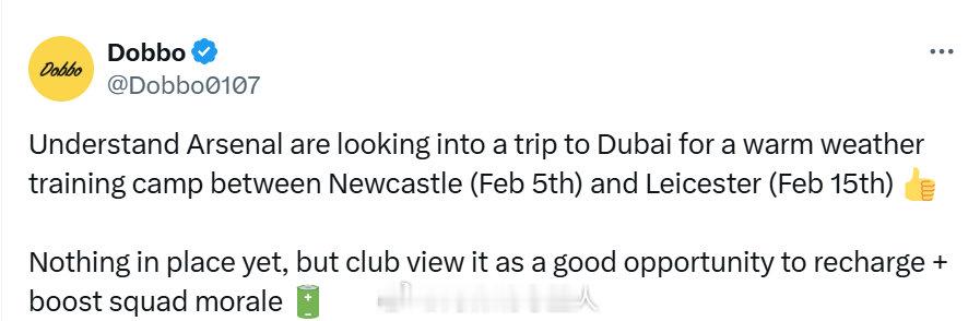阿森纳希望在2月5日（vs纽卡）至2月15日（vs莱斯特）之间去迪拜训练营！ 阿